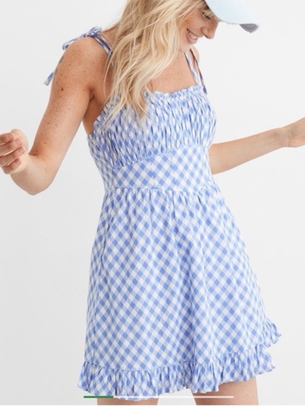 Aerie Mini Blue White Gingham Smocked Dress Size Medium